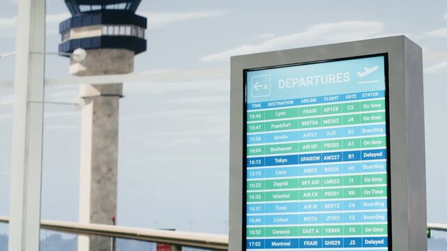 An empty airport terminal has modern seating and large windows overlooking the runway, with no passengers or luggage in the departure area.