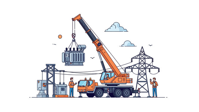 Industrial Crane Lifting Transformer at Electrical Substation Vector Illustration