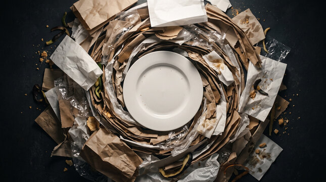Empty white plate surrounded by a swirl of crumpled food wrappers and trash. Concept of binge eating disorder, disordered eating, mental health struggle, and unhealthy relationship with food.