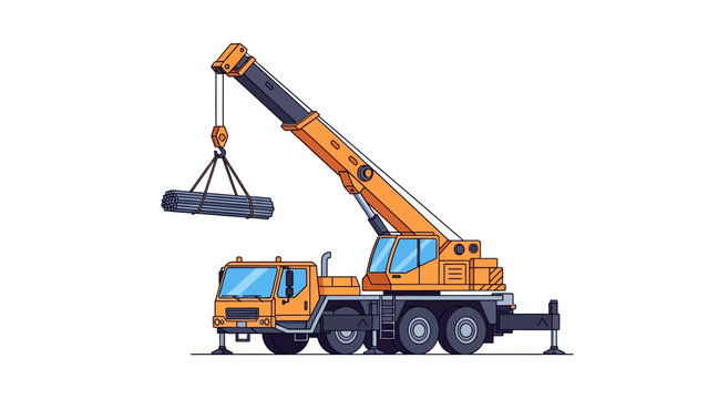 Mobile crane truck lifting steel pipes vector illustration on white background