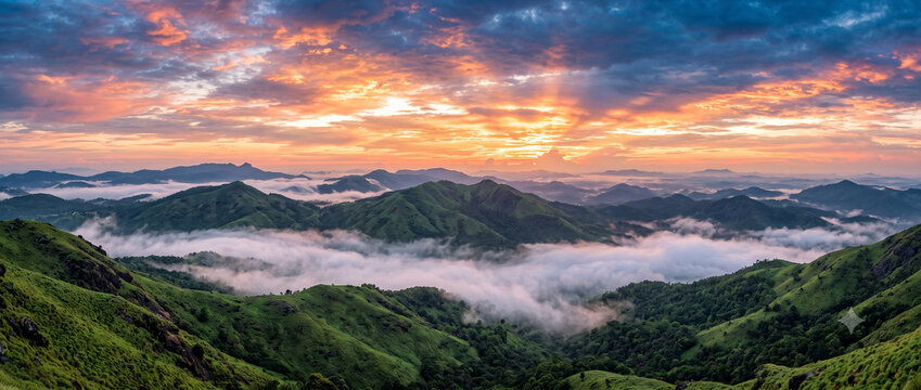 Breathtaking Ponmudi Hills featuring rolling green mountains, mist-covered valleys and scenic Western Ghats beauty in Kerala India