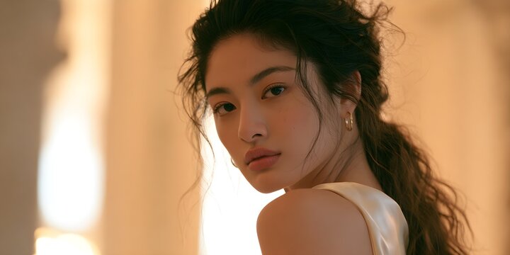 Elegant Asian woman with wavy hair in warm golden light. Beautiful young female portrait. Sophisticated lady in soft glow.