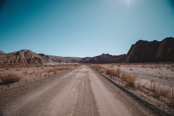 Dirt road traversing Atacama Desert with rugged mountains under a cloudless sky, conveying themes of exploration, freedom, and an endless journey through the wilderness © Arthur