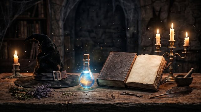 Halloween wooden table with witch hat, old spell book and potion