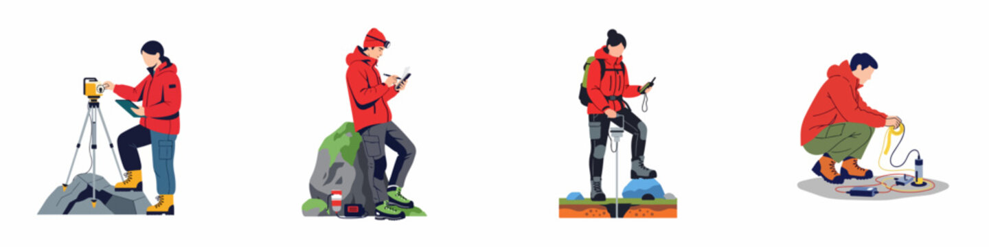 Set of diverse scientists and geologists conducting field research and environmental measurements using specialized tools in a flat illustration style.