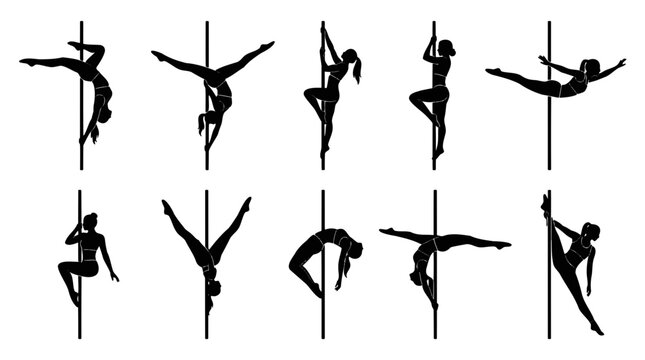 Women pole dancers exercising. Fitness silhouettes performing athletic acrobatic poses.