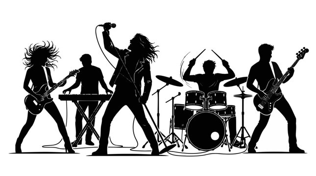 Rock band performing on stage. Silhouette of musicians playing music instruments.