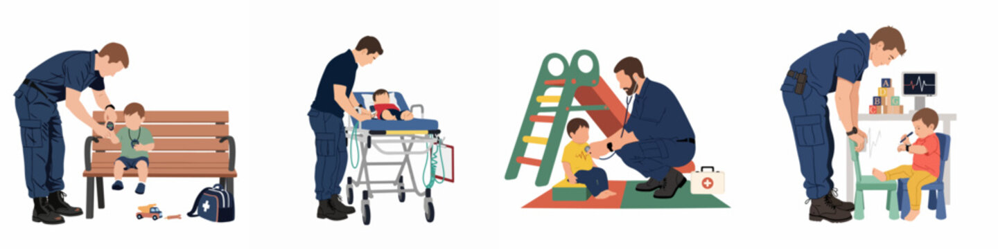 Illustrations of a male paramedic providing medical care, checkups, and assistance to toddlers and babies in diverse everyday and emergency settings.