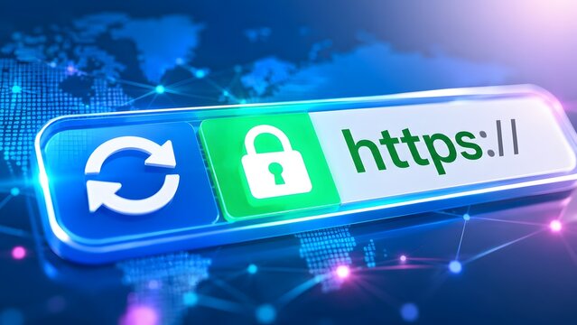 Digital interface showing a secure https web address bar with a padlock icon on a global map background. Concept of cyber security and encrypted internet privacy for modern communications.