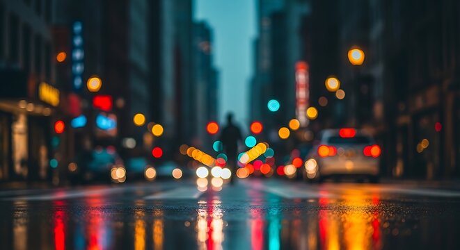 Rainy city night traffic with motion blur lights. Urban evening commute showing colorful reflections on wet streets.