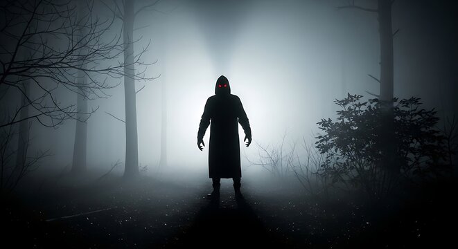 Mysterious figure walking through dense fog in dark forest. Silhouette of lone traveler exploring eerie woodland at night with dramatic lighting.