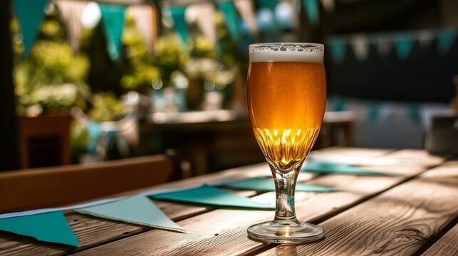 Golden beer in a stemmed glass on a sunlit outdoor caf├⌐ table