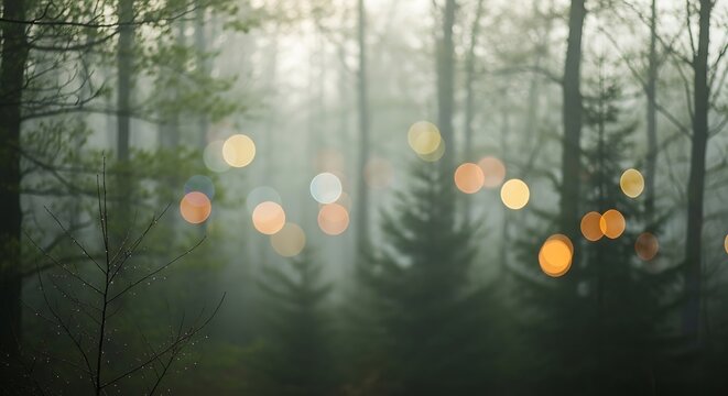 Festive winter forest with glowing lanterns at dusk. Soft bokeh lights create a magical holiday atmosphere in snowy woodland.