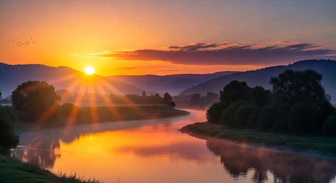 Dramatic sunrise over misty lake with golden light reflection. Serene dawn landscape featuring soft morning fog and tranquil water scene.