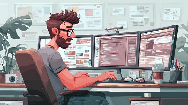 web developer working on dual monitors, modern office setup, realistic style