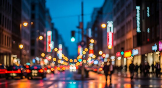 Bustling urban nightlife with blurred pedestrians and traffic. City street scene at dusk with vibrant motion blur and neon lights.