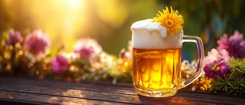 Golden Beer Mug with Yellow Flower in a Sunlit Garden