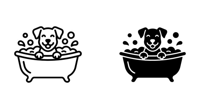 Happy Dog Bathing Icons, Pet Grooming Vector Art, Canine Hygiene Service Graphics