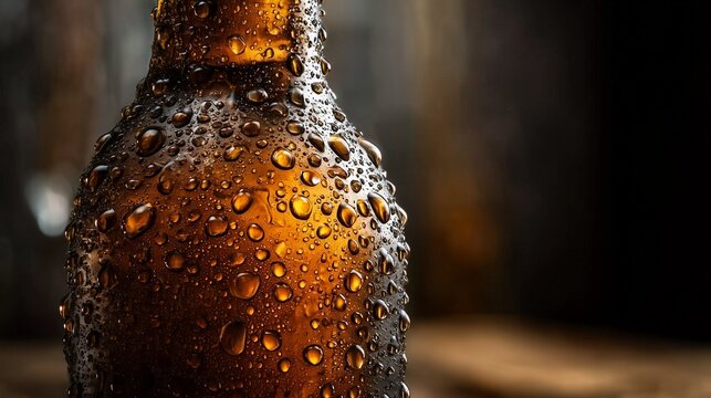 Cold Amber Beer Bottle Covered with Condensation Droplets