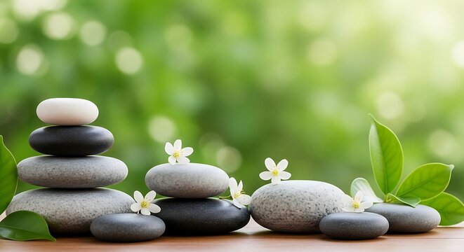 Stacked zen stones with cherry blossoms for mindfulness meditation. Natural balance and harmony concept in soft outdoor lighting.