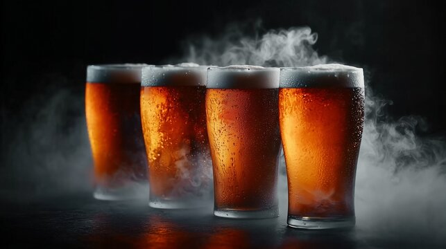 Four Chilled Glasses of Amber Beer with Foam and Mist