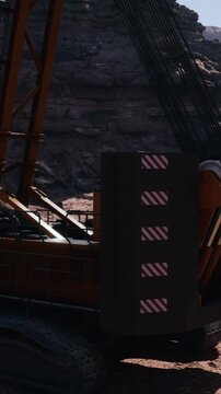 A large excavator is operating in a rocky construction site. The machine is positioned on the ground with its arm extended. Dust is visible in the air from the site activity.