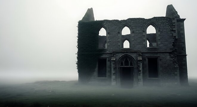 Abandoned gothic castle emerging from dense fog. Haunting medieval ruins shrouded in mist for eerie atmosphere.