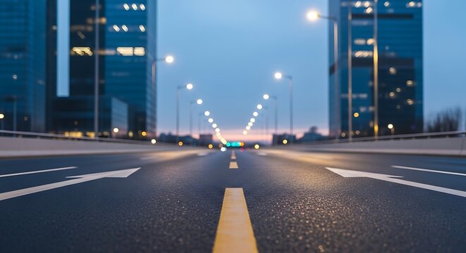 Empty urban highway at dusk with streetlights glowing. Modern city roadway illuminated for nighttime commute and travel.