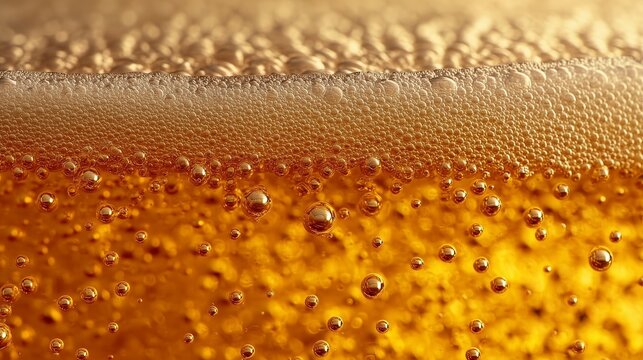 Macro close-up of golden beer with carbonation bubbles and foamy head