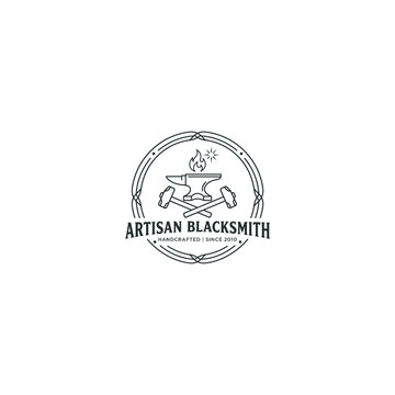 Artisan Blacksmith Vintage Logo with Anvil and Hammers