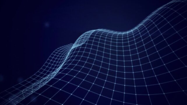 A glowing blue wireframe grid undulates with a dynamic wave-like motion