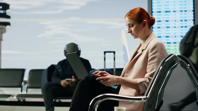 A female executive works on a laptop in an airport lounge near the gate, preparing with a cabin bag for an international company meeting.