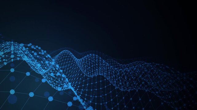 Animated digital wireframe grid undulates with glowing blue dots