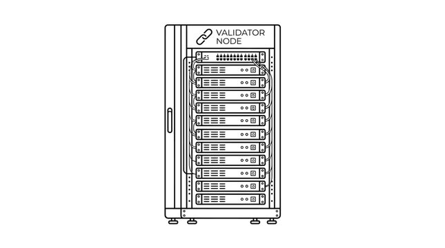 Black and white line art illustration of a blockchain validator server node rack.