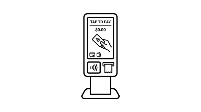 A line art illustration of a self-service payment kiosk with tap to pay functionality.