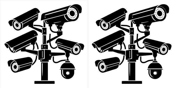 Set of security cameras isolated on transparent background