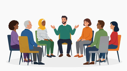 Fototapeta premium Diverse group of people sitting in a circle listening to a speaker in a meeting or support group session