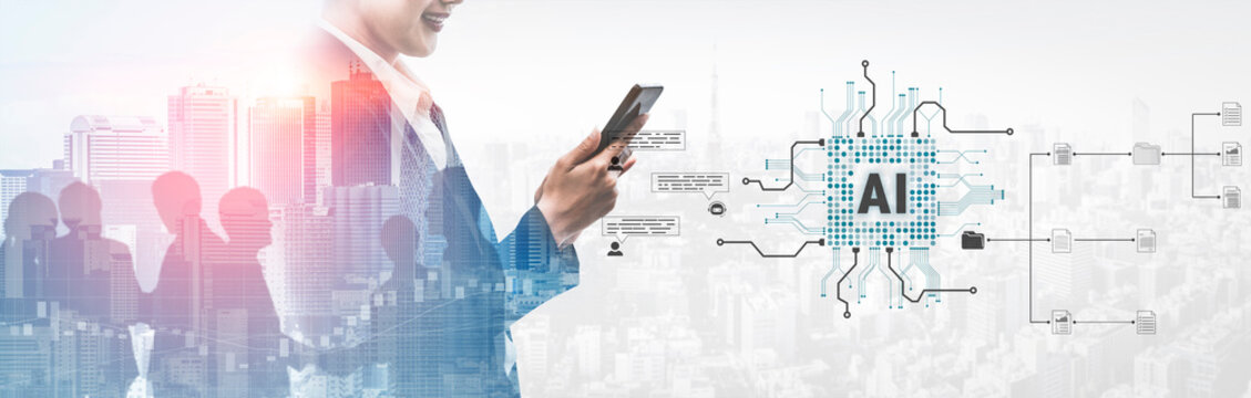 Businessman in suit using smartphone in front of city skyline with AI technology graphics representing innovation and future communication concepts. Sentient.