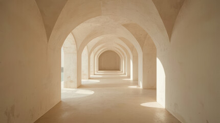 Obraz premium Minimal beige arched hallway with repeating vaults and soft sunlight