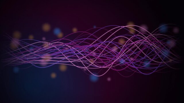 Numerous thin wavy lines flow in a dynamic purple and blue pattern