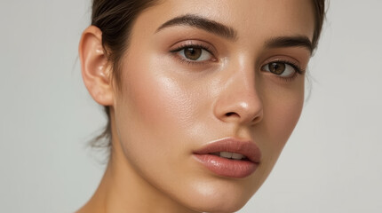 Naklejka premium Glowing close up portrait of young woman with luminous skin and neutral makeup