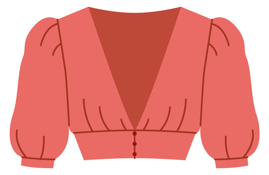 V neck cropped blouse with short sleeves, fitted shape and button detail. Technical fashion illustration front view in color, clean flat vector style.