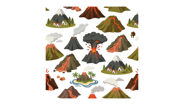 Volcano eruption and mountain landscapes seamless pattern background with lava smoke magma explosion and small village flat vector