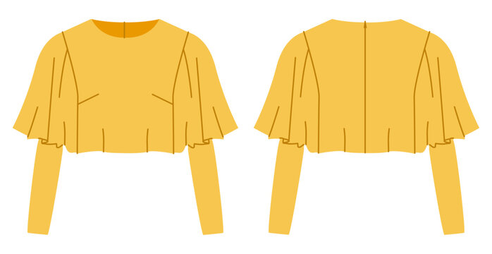 Yellow crop top with layered short sleeves over long fitted sleeves, clean silhouette and minimal shaping lines. Technical fashion illustration in flat color, front back views, modern apparel design