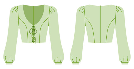 Naklejka premium Cropped V neck lace up blouse with long puff sleeves and fitted waist. Flat color technical fashion illustration showing front tie detail and clean back shaping, modern feminine apparel design.