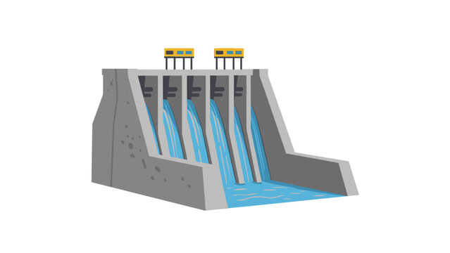 Hydroelectric Dam Vector Illustration with Water Flowing through Spillways