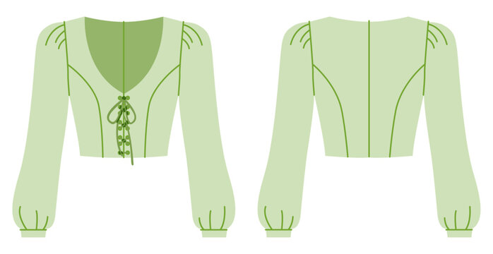 Cropped V neck lace up blouse with long puff sleeves and fitted waist. Flat color technical fashion illustration showing front tie detail and clean back shaping, modern feminine apparel design.