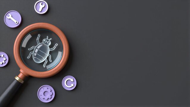 Magnifying glass reveals bug icon, surrounded by tech symbols on dark surface.