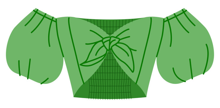 Tie front cropped blouse with off shoulder puff sleeves, gathered front and elastic smocked structure. Technical fashion illustration front view in color, clean flat style with soft proportions.
