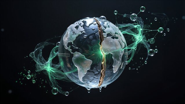 Cracked globe with green energy, bubbles, and molecular structures against a dark background.
